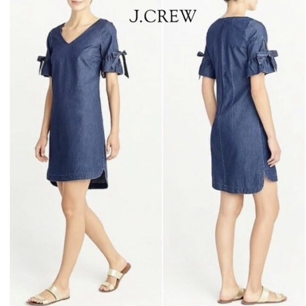 J.Crew Womens Blue Denim Ruffle Tie Sleeve V-Neck Shift Dress Size S Indigo